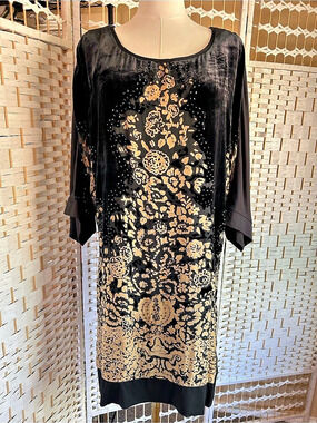 Hale Bob Floral Beaded Mini Dress Black Gold Size Medium Stretchy Lined Boho